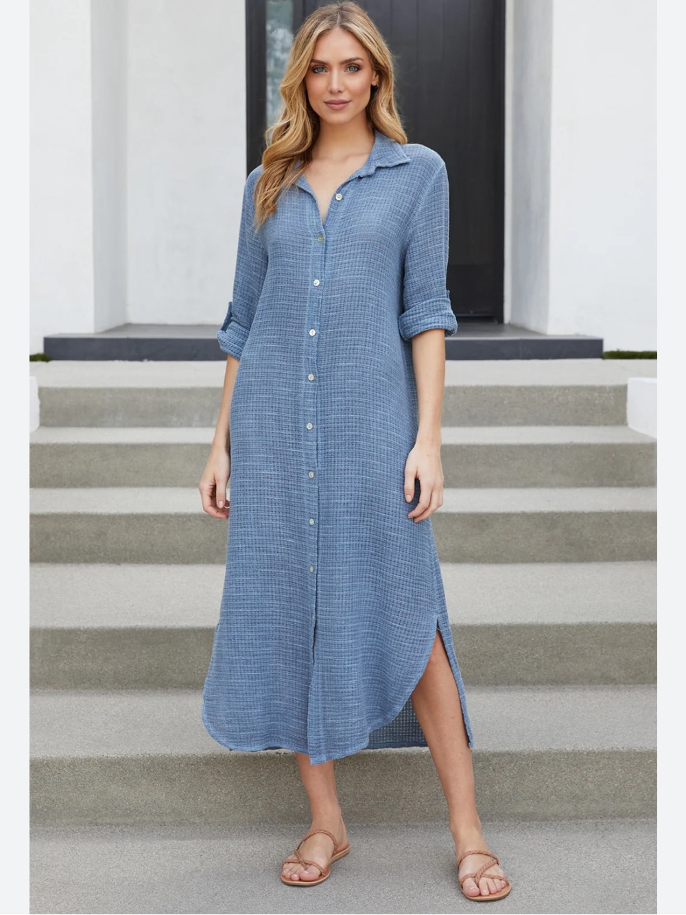 Venti 6 Gauze Maxi Shirt Dress Linen Cotton Button Down Tab Sleeve Blue Small